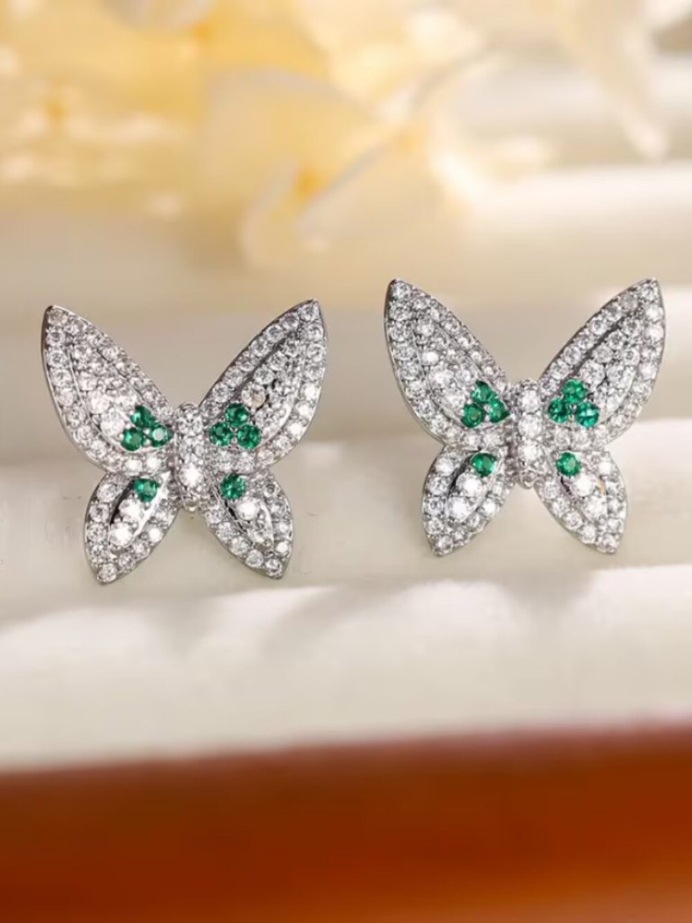 925 Silver Womens 2ct Diamond 1ct Green Emerald Butterfly Stud Earrings Jewelry